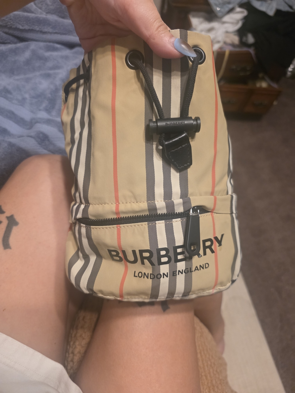 Burberry Beige Stripe Drawstring Backpack